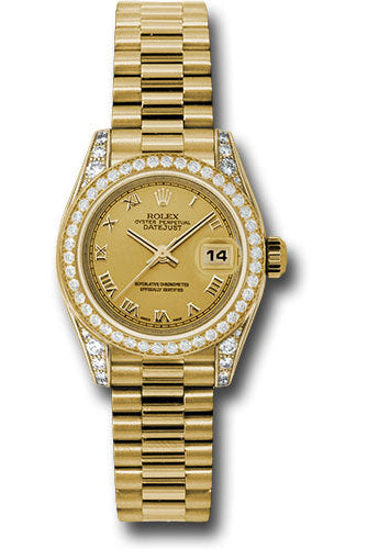 Rolex Yellow Gold Lady-Datejust 26 Watch - 42 Diamond Bezel - Champagne Roman Dial - President Bracelet - 179158 chrp