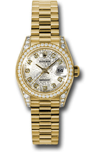 Rolex Yellow Gold Lady-Datejust 26 Watch - 42 Diamond Bezel - Silver Jubilee Diamond Dial - President Bracelet - 179158 sjdp