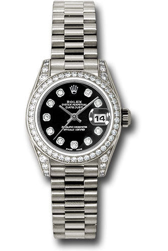 Rolex White Gold Lady-Datejust 26 Watch - 42 Diamond Bezel - Black Diamond Dial - President Bracelet - 179159 bkdp