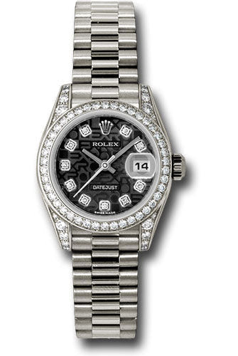 Rolex White Gold Lady-Datejust 26 Watch - 42 Diamond Bezel - Black Jubilee Diamond Dial - President Bracelet - 179159 bkjdp