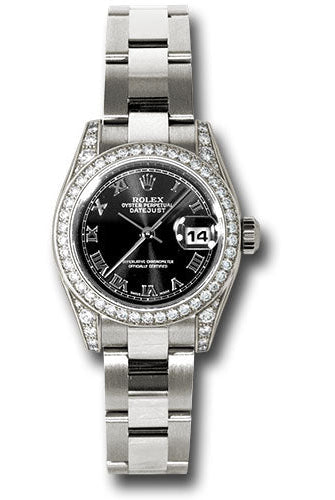Rolex White Gold Lady-Datejust 26 Watch - 42 Diamond Bezel - Black Roman Dial - Oyster Bracelet - 179159 bkro