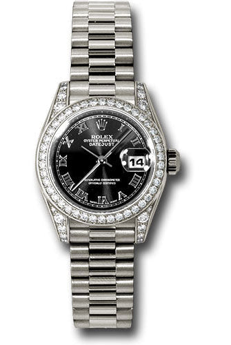 Rolex White Gold Lady-Datejust 26 Watch - 42 Diamond Bezel - Black Roman Dial - President Bracelet - 179159 bkrp
