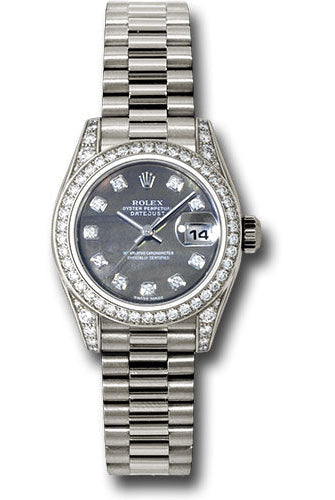 Rolex White Gold Lady-Datejust 26 Watch - 42 Diamond Bezel - Dark Mother-Of-Pearl Diamond Dial - President Bracelet - 179159