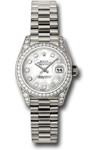 Rolex White Gold Lady-Datejust 26 Watch - 42 Diamond Bezel - Mother-Of-Pearl Diamond Dial - President Bracelet - 179159 mdp