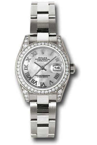 Rolex White Gold Lady-Datejust 26 Watch - 42 Diamond Bezel - Dark Mother-Of-Pearl Roman Dial - Oyster Bracelet - 179159 mro