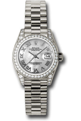Rolex White Gold Lady-Datejust 26 Watch - 42 Diamond Bezel - Mother-Of-Pearl Roman Dial - President Bracelet - 179159 mrp