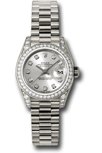 Rolex White Gold Lady-Datejust 26 Watch - 42 Diamond Bezel - Silver Diamond Dial - President Bracelet - 179159 sdp