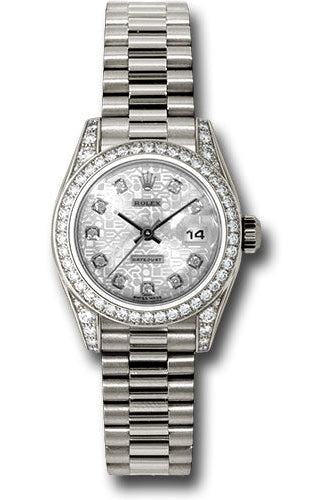 Rolex White Gold Lady-Datejust 26 Watch - 42 Diamond Bezel - Silver Jubilee Diamond Dial - President Bracelet - 179159 sjdp