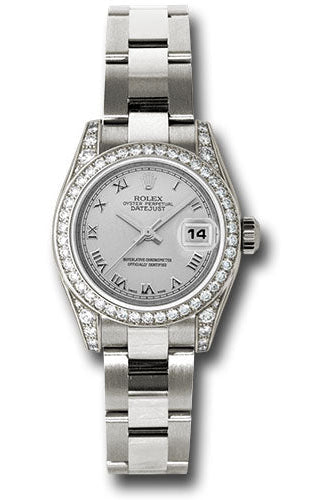 Rolex White Gold Lady-Datejust 26 Watch - 42 Diamond Bezel - Silver Roman Dial - Oyster Bracelet - 179159 sro