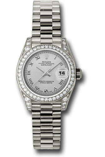 Rolex White Gold Lady-Datejust 26 Watch - 42 Diamond Bezel - Silver Roman Dial - President Bracelet - 179159 srp