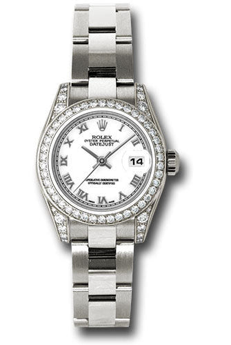 Rolex White Gold Lady-Datejust 26 Watch - 42 Diamond Bezel - White Roman Dial - Oyster Bracelet - 179159 wro