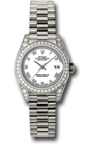 Rolex White Gold Lady-Datejust 26 Watch - 42 Diamond Bezel - White Roman Dial - President Bracelet - 179159 wrp