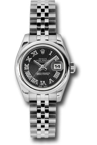 Rolex Steel Lady-Datejust 26 Watch - Domed Bezel - Black Sunbeam Roman Dial - Jubilee Bracelet - 179160 bksbrj