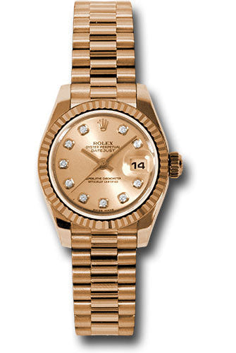 Rolex Pink Gold Lady-Datejust 26 Watch - Fluted Bezel - Pink Champagne Diamond Dial - President Bracelet - 179175 chdp