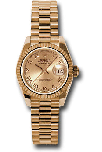 Rolex Pink Gold Lady-Datejust 26 Watch - Fluted Bezel - Champagne Roman Dial - President Bracelet - 179175 chrp