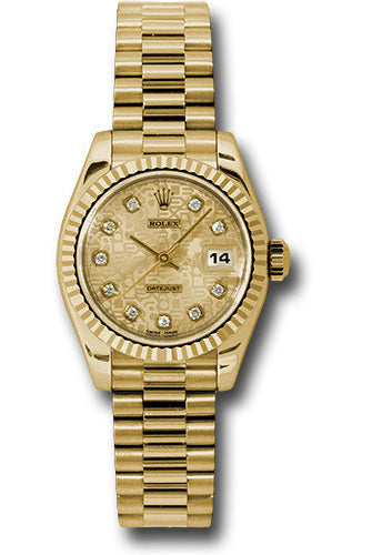 Rolex Yellow Gold Lady-Datejust 26 Watch - Fluted Bezel - Champagne Jubilee Diamond Dial - President Bracelet - 179178 chjdp