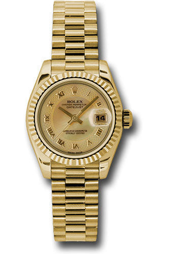 Rolex Yellow Gold Lady-Datejust 26 Watch - Fluted Bezel - Champagne Decorated Mother-Of-Pearl Roman Dial - President