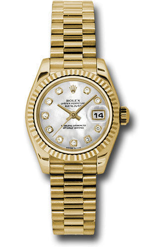 Rolex Yellow Gold Lady-Datejust 26 Watch - Fluted Bezel - Mother-Of-Pearl Diamond Dial - President Bracelet - 179178 mdp