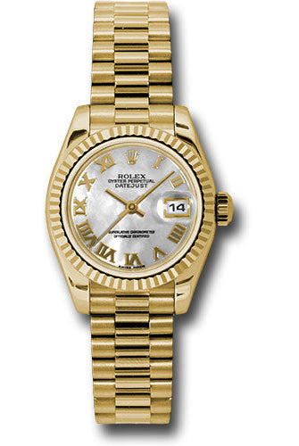 Rolex Yellow Gold Lady-Datejust 26 Watch - Fluted Bezel - Mother-Of-Pearl Roman Dial - President Bracelet - 179178 mrp