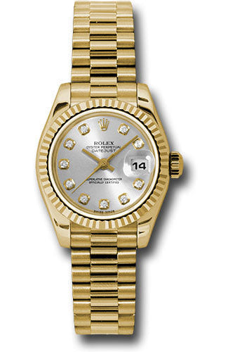 Rolex Yellow Gold Lady-Datejust 26 Watch - Fluted Bezel - Silver Diamond Dial - President Bracelet - 179178 sdp