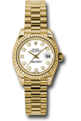 Rolex Yellow Gold Lady-Datejust 26 Watch - Fluted Bezel - White Diamond Dial - President Bracelet - 179178 wdp