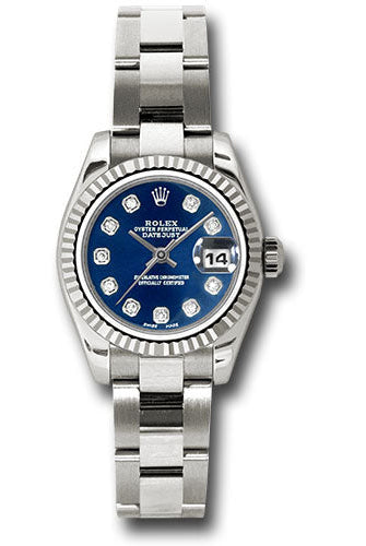 Rolex White Gold Lady-Datejust 26 Watch - Fluted Bezel - Blue Diamond Dial - Oyster Bracelet - 179179 bdo