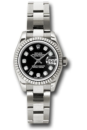 Rolex White Gold Lady-Datejust 26 Watch - Fluted Bezel - Black Diamond Dial - Oyster Bracelet - 179179 bkdo