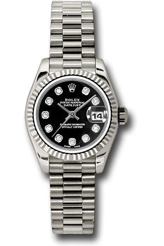 Rolex White Gold Lady-Datejust 26 Watch - Fluted Bezel - Black Diamond Dial - President Bracelet - 179179 bkdp