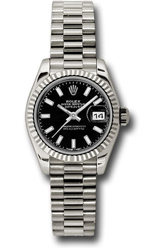 Rolex White Gold Lady-Datejust 26 Watch - Fluted Bezel - Black Index Dial - President Bracelet - 179179 bksp