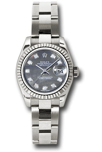 Rolex White Gold Lady-Datejust 26 Watch - Fluted Bezel - Black Mother-Of-Pearl Diamond Dial - Oyster Bracelet - 179179 dkmdo