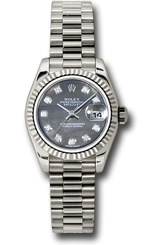 Rolex White Gold Lady-Datejust 26 Watch - Fluted Bezel - Black Mother-Of-Pearl Diamond Dial - President Bracelet - 179179