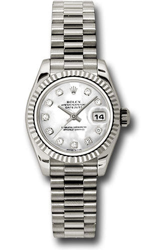Rolex White Gold Lady-Datejust 26 Watch - Fluted Bezel - Mother-Of-Pearl Diamond Dial - President Bracelet - 179179 mdp