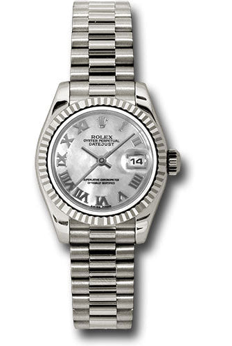 Rolex White Gold Lady-Datejust 26 Watch - Fluted Bezel - Mother-Of-Pearl Roman Dial - President Bracelet - 179179 mrp