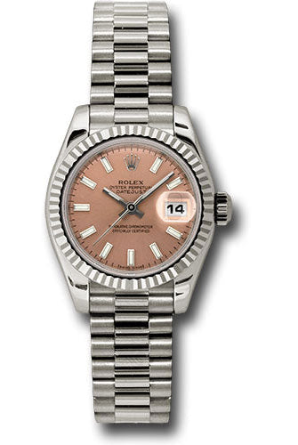 Rolex White Gold Lady-Datejust 26 Watch - Fluted Bezel - Pink Index Dial - President Bracelet - 179179 psp