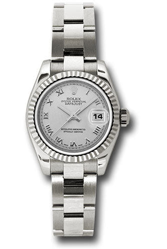 Rolex White Gold Lady-Datejust 26 Watch - Fluted Bezel - Silver Roman Dial - Oyster Bracelet - 179179 sro