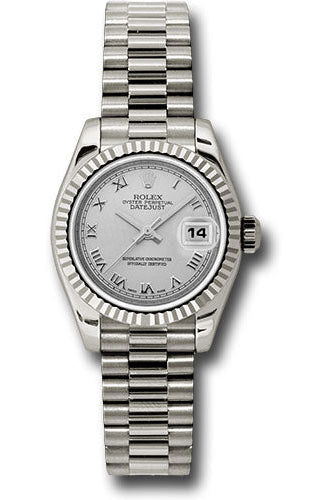 Rolex White Gold Lady-Datejust 26 Watch - Fluted Bezel - Silver Roman Dial - President Bracelet - 179179 srp
