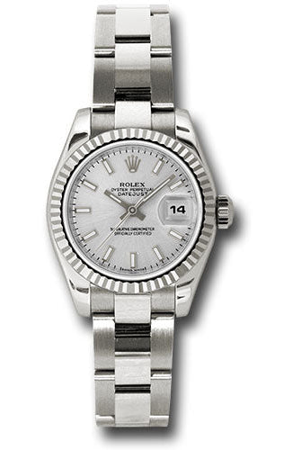 Rolex White Gold Lady-Datejust 26 Watch - Fluted Bezel - Silver Index Dial - Oyster Bracelet - 179179 sso