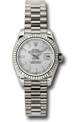 Rolex White Gold Lady-Datejust 26 Watch - Fluted Bezel - Silver Index Dial - President Bracelet - 179179 ssp