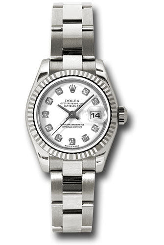 Rolex White Gold Lady-Datejust 26 Watch - Fluted Bezel - White Diamond Dial - Oyster Bracelet - 179179 wdo