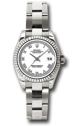 Rolex White Gold Lady-Datejust 26 Watch - Fluted Bezel - White Roman Dial - Oyster Bracelet - 179179 wro