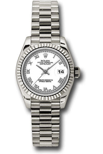 Rolex White Gold Lady-Datejust 26 Watch - Fluted Bezel - White Roman Dial - President Bracelet - 179179 wrp