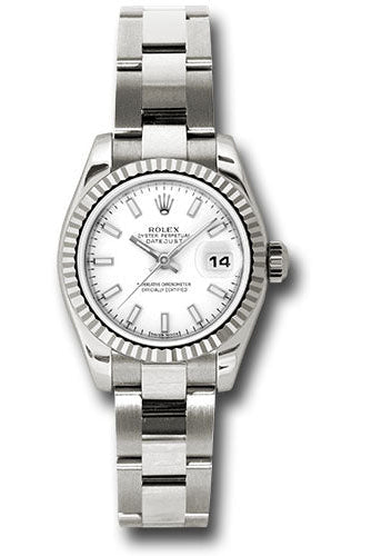 Rolex White Gold Lady-Datejust 26 Watch - Fluted Bezel - White Index Dial - Oyster Bracelet - 179179 wso