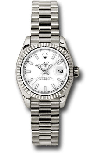 Rolex White Gold Lady-Datejust 26 Watch - Fluted Bezel - White Index Dial - President Bracelet - 179179 wsp