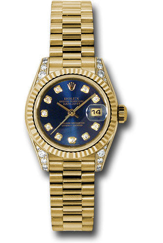 Rolex Yellow Gold Lady-Datejust 26 Watch - Fluted Bezel - Blue Diamond Dial - President Bracelet - 179238 bldp
