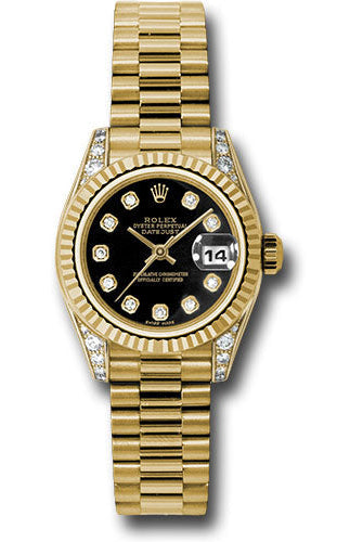 Rolex Yellow Gold Lady-Datejust 26 Watch - Fluted Bezel - Black Diamond Dial - President Bracelet - 179238 bkdp