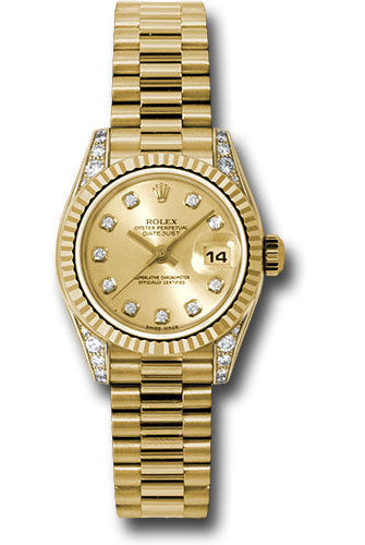 Rolex Yellow Gold Lady-Datejust 26 Watch - Fluted Bezel - Champagne Diamond Dial - President Bracelet - 179238 chdp