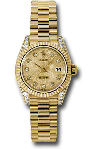 Rolex Yellow Gold Lady-Datejust 26 Watch - Fluted Bezel - Champagne Jubilee Diamond Dial - President Bracelet - 179238 chjdp