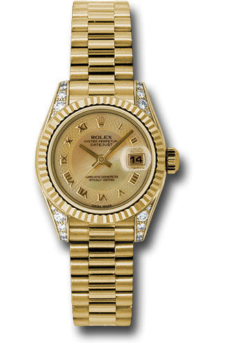 Rolex Yellow Gold Lady-Datejust 26 Watch - Fluted Bezel - Champagne Decorated Mother-Of-Pearl Roman Dial - President