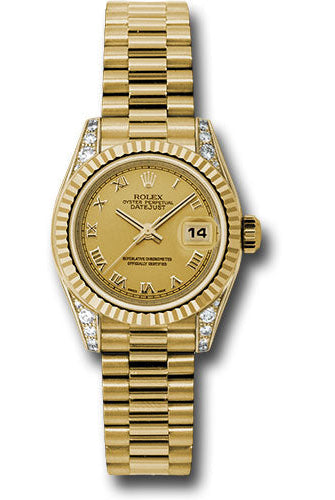 Rolex Yellow Gold Lady-Datejust 26 Watch - Fluted Bezel - Champagne Roman Dial - President Bracelet - 179238 chrp