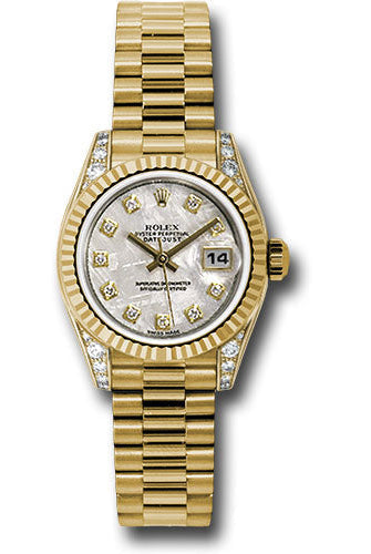 Rolex Yellow Gold Lady-Datejust 26 Watch - Fluted Bezel - Meteorite Diamond Dial - President Bracelet - 179238 mtdp